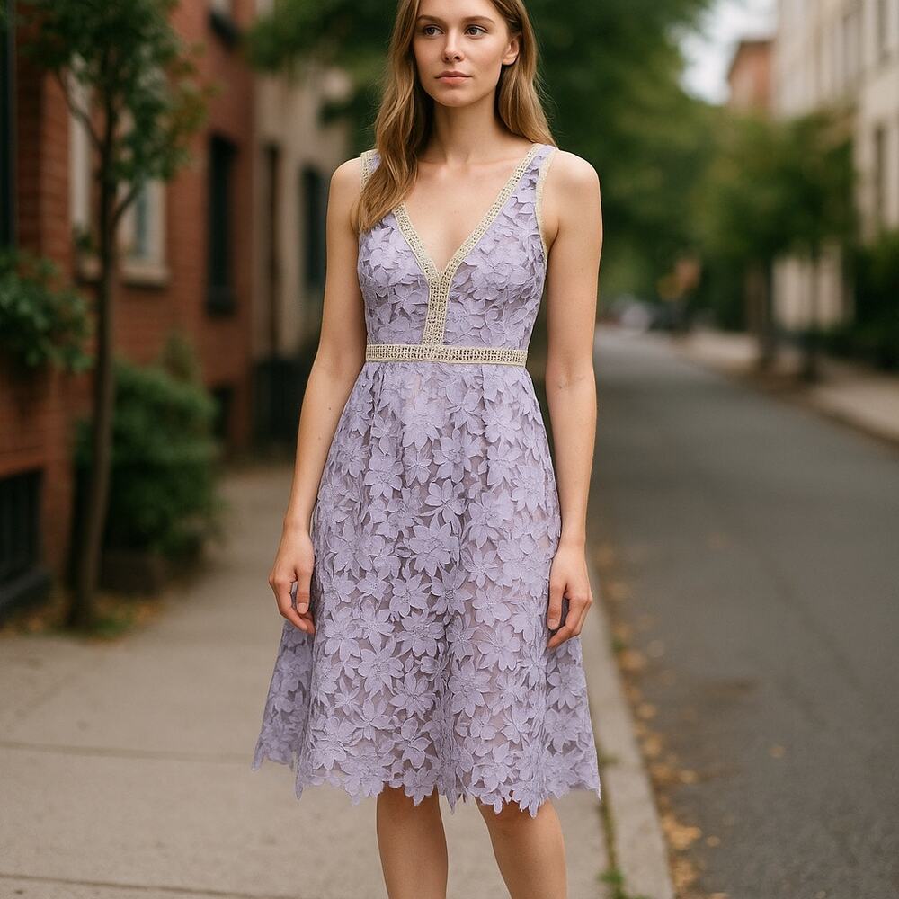 Self-Portrait Lavender Lace Overlay Sleeveless Special Occasion Midi Dress Sz 10